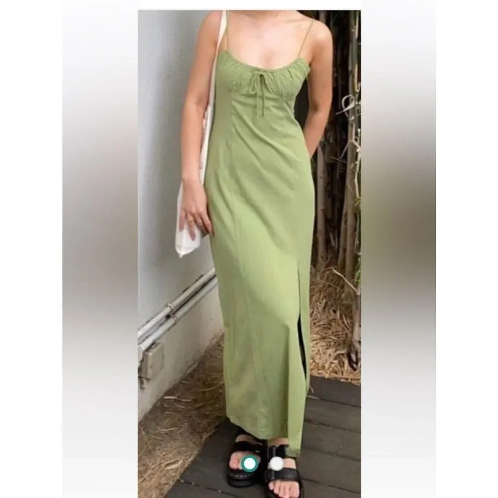 Zara Light Olive Green Ribbed Midi Dress with Side Slit